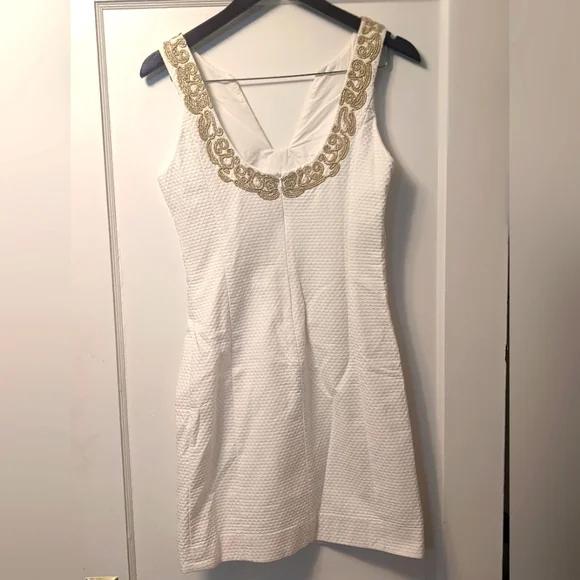 Lilly Pulitzer | Dresses | Lilly Pulitzer White With Gold Yoke Trim  Sleeveless Dress Lace Bridal Shower | Poshmark
